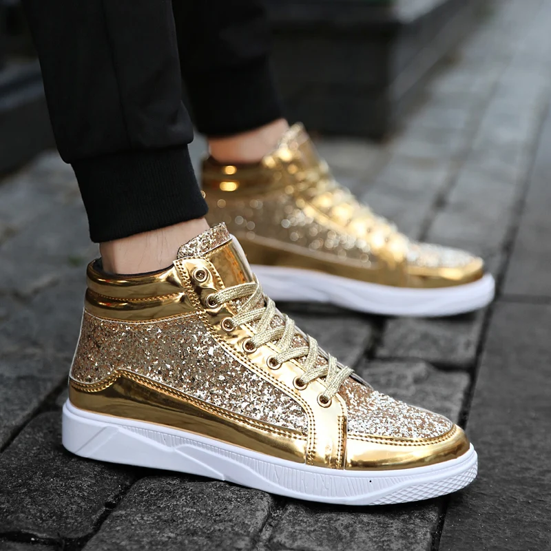 High Top Sneakers 2024 Cool Men Shoes Gold Glitter Fashion Sneakers Lace Up Platform Flats Gold Shoes Man Sequins Men\'s Trainers