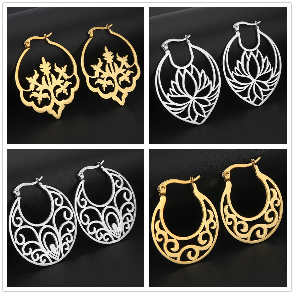 Cazador Vintage Filigree Hoop Earrings for Women Flower Tree Lotus Stainless Steel Jewelry Wedding Birthday Mother Gifts 2024