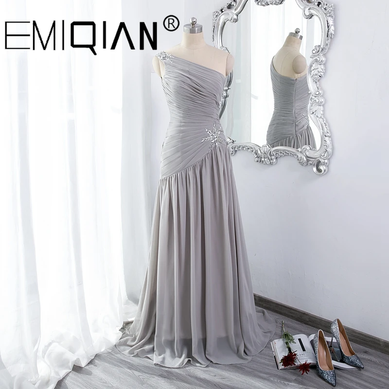 

New Stylish Wedding Reception Dress, One Shoulder Prom Gown,Pleated Silver Chiffon Evening Dresses with Crystals