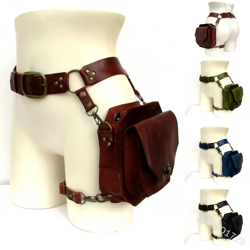 Unisex medieval Leather Rivet Drop Leg Bag Steampunk Retro Rock Waist Belt Bag Crossbody Waist Bags Phone Pouch