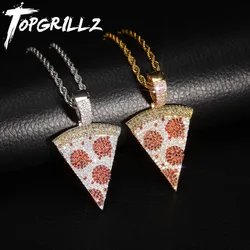 TOPGRILLZ Iced Out Pizza Pendant&Necklace Copper Gold Silver Color Micro Paved Cubic Zircon Hip Hop Jewelry Gift For Men