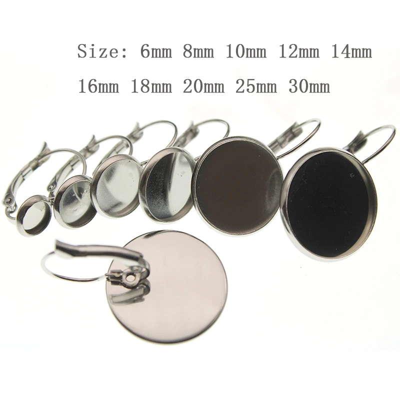 10pcs 10 12 16 18 20 mm Stainless Steel Blank French Lever Earring Tray Cabochon Setting Cameo Base for Ear Stud Jewelry Making