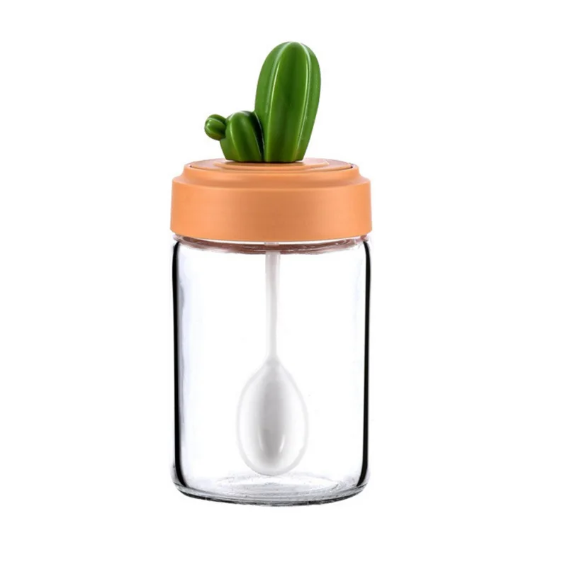 Transparent Glass Spice Jar With Cactus Lid And Spoon Kitchen Seasoning Bottle For Salt Sugar Pepper Powder Salt Glass Jar