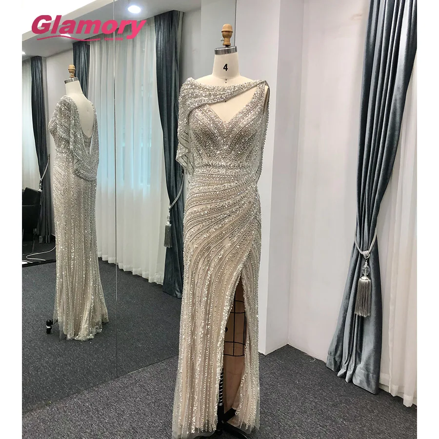 2020 Real Sample Pictures Rhinestones Mermaid Sexy Slit Prom Gown Vestido De Festa Evening Dress