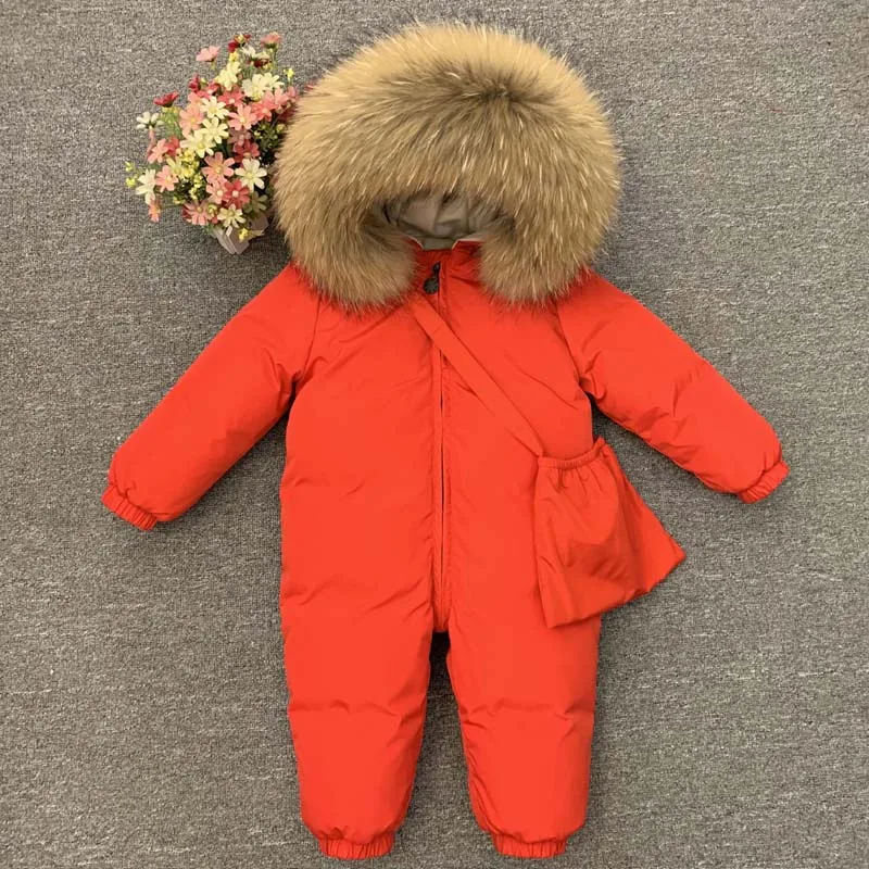 -30 Degree Infant Snowsuit Real Fur Collar Duck Down Filling Thick Warm Toddler Boys Girls Down Rompers Baby Winter Jackets