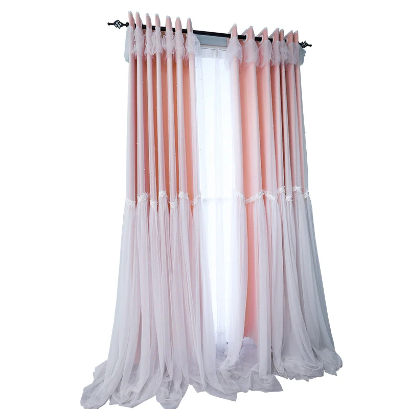 Princess 2 Layers Pink Blackout Curtains for Living Room Korean Bling Pearls Wedding Cortinas Guaze Tulles Voile for Girls Room