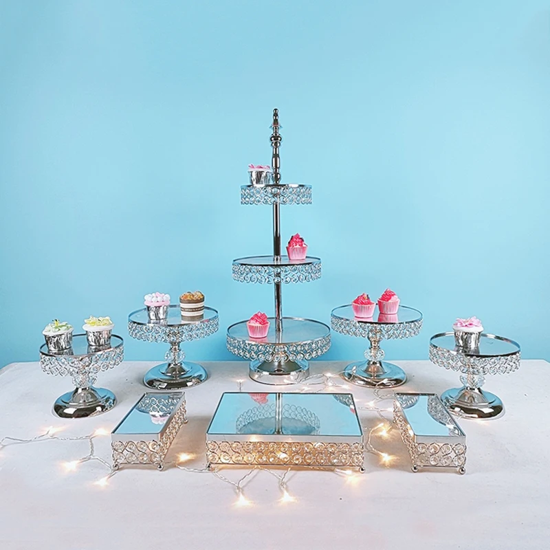 8pcs Metal Cake Stand Set Mirror Cupcake plate Wedding Party Display Tray