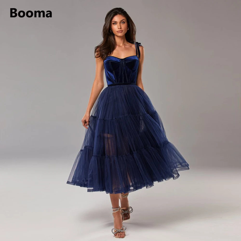 

Booma Navy Blue Layered Tulle Midi Prom Dresses Bow Straps Velvet Corset Tea-Length Evening Party Gowns A-Line Formal Dresses