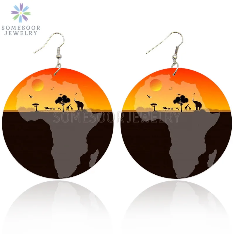 SOMESOOR African Tribal Eco Animal Wood Drop Earrings Afrocentric Ethnic Design Both Side Printed Dangle Jewelry For Women Gifts