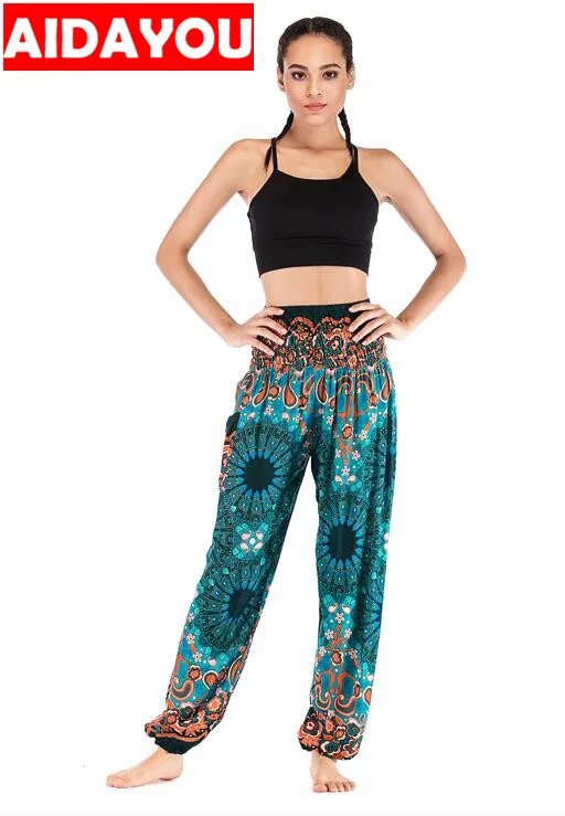 Damskie spodnie Harem czeski nadruk w stylu Vintage luźny krój Boho Hippie wysokiej talii Smocked talii spodnie plażowe spodnie ouc3301