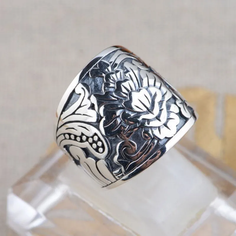 

BOCAI New S925 Silver Jewelry Flowers Wide Face Ring for Men Retro Trendy Men's Ring