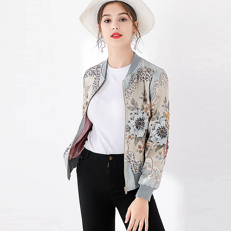 Women Embroidered Bomber Jacket Beaded Retro Jcquard Beaded Jacket Zipper Short Thin Coat Basic Jackets Casual Outerwear