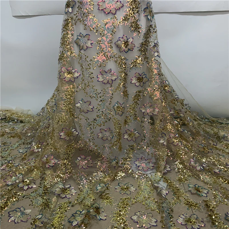 

5Yards Gold African Net Lace Fabric With Sequins 2022 High Quality French Tulle Lace Nigerian Guipure Material Wedding Dress