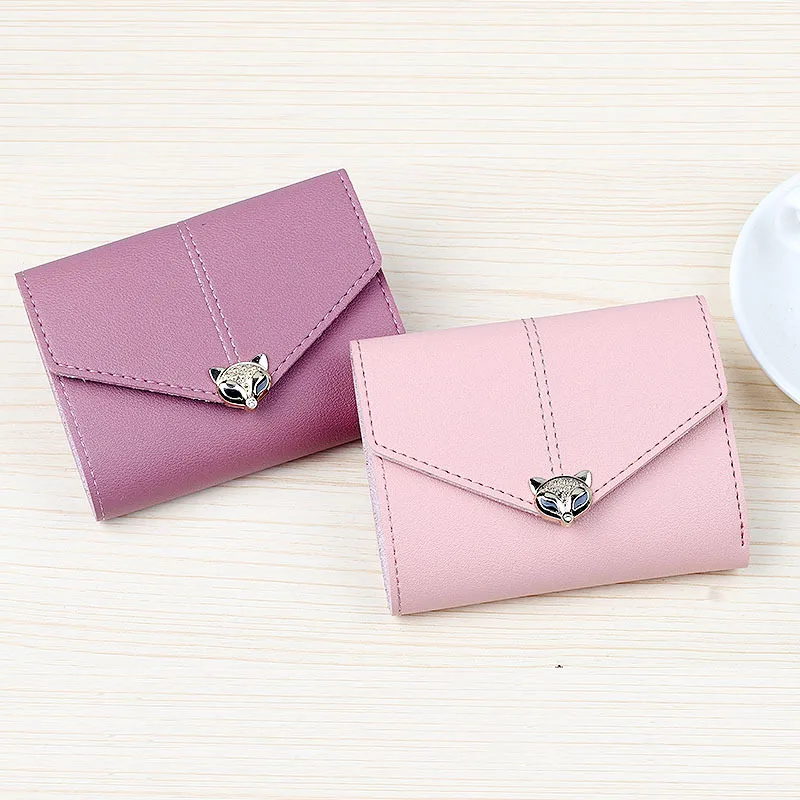 Fashion Short Little Fox Head Three-folding Female Wallet with Lychee Pattern Simple Fashion Buckle PU Wallet Card Holder