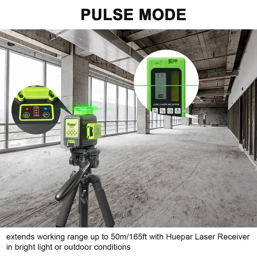 Imagem -04 - Nível Laser Verde com Hard Case Horizontal e Vertical Cross Lines Auto-nivelamento Interior e Exterior 12 Linhas Huepar3d