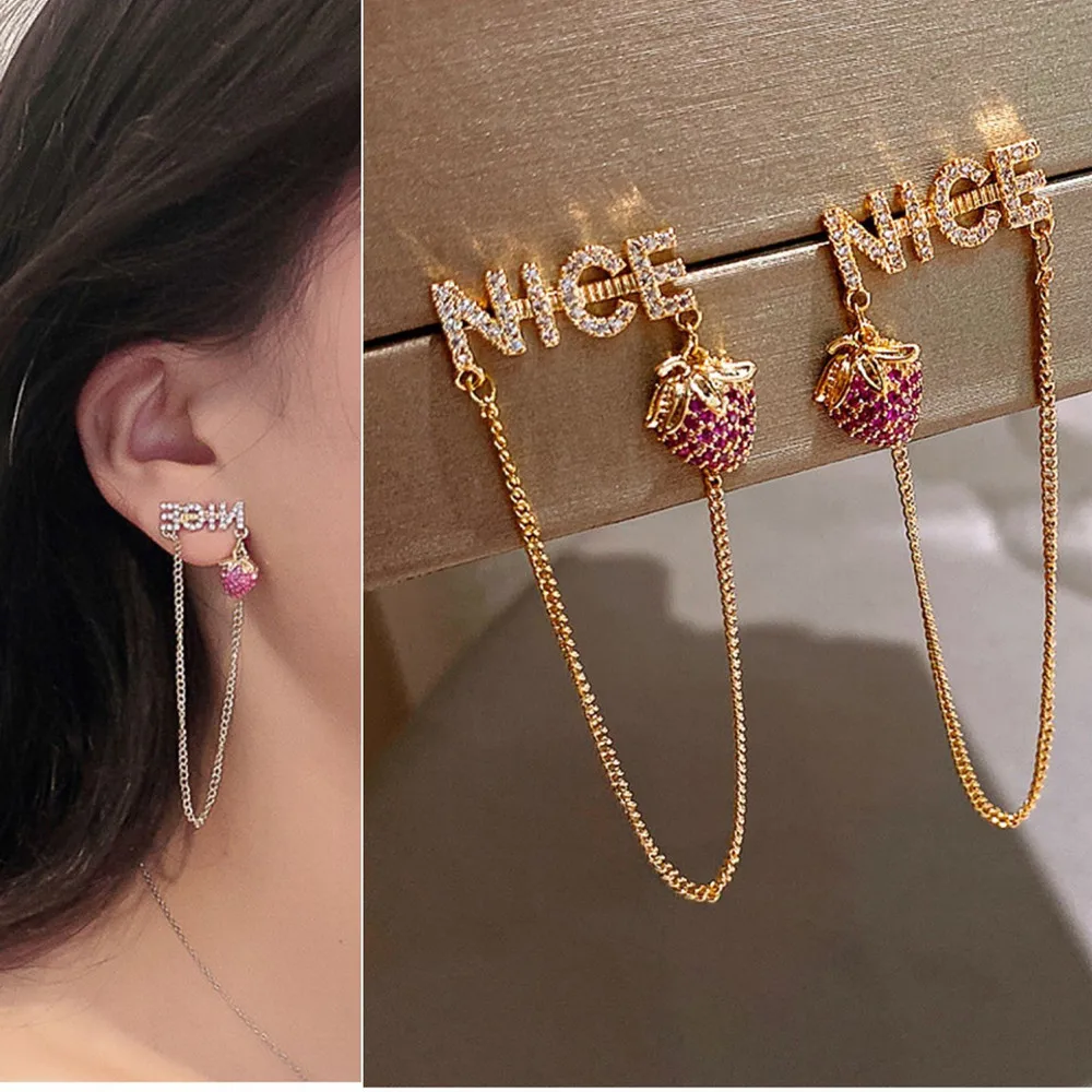 女性用タッセル付きロングラインストーンイヤリング,文字付きペンダント,ストロベリー,メタルチェーン,韓国ファッション,S1168