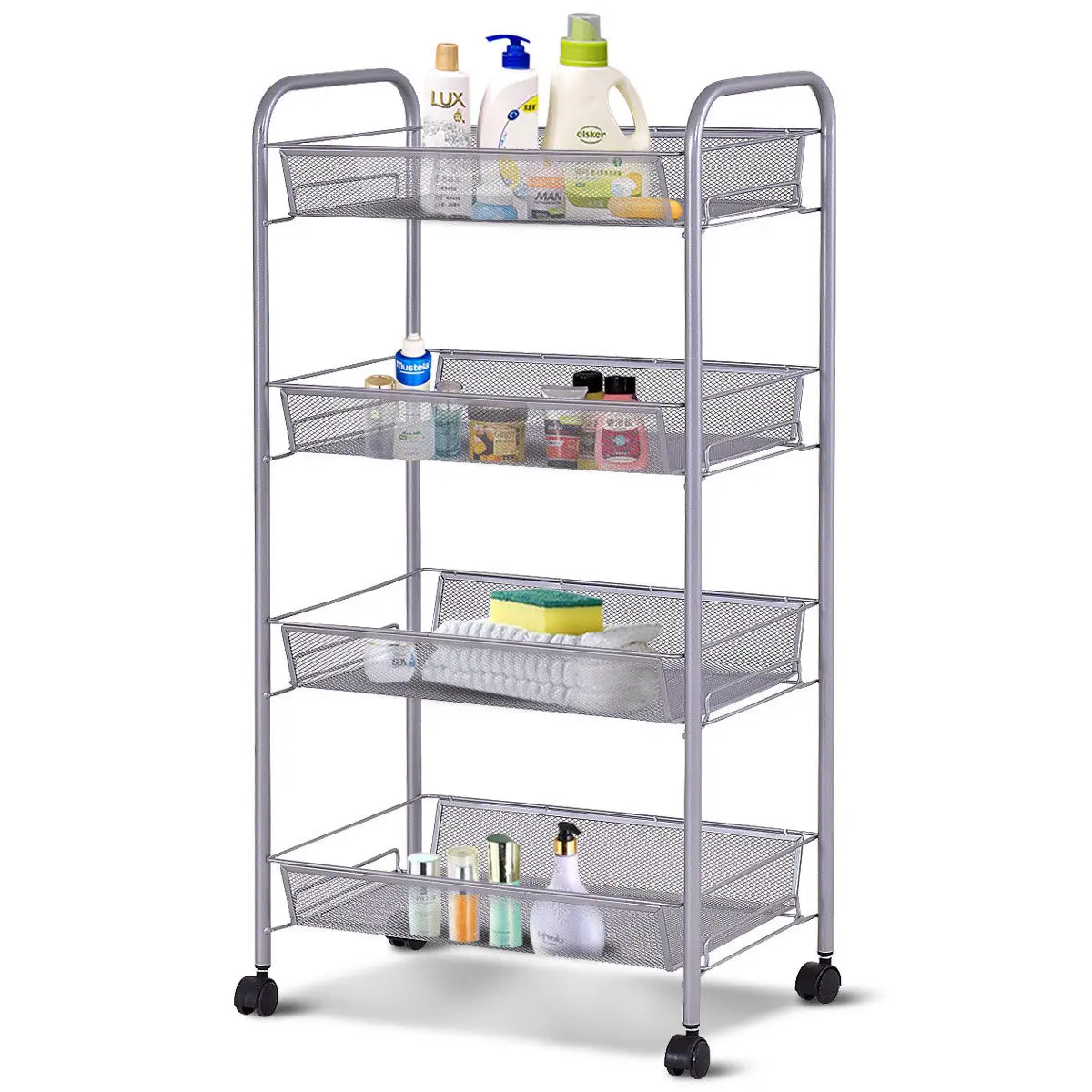 

Costway 4 Tier Storage Rack Trolley Cart Home Kitchen Organizer Utility Baskets Sliver