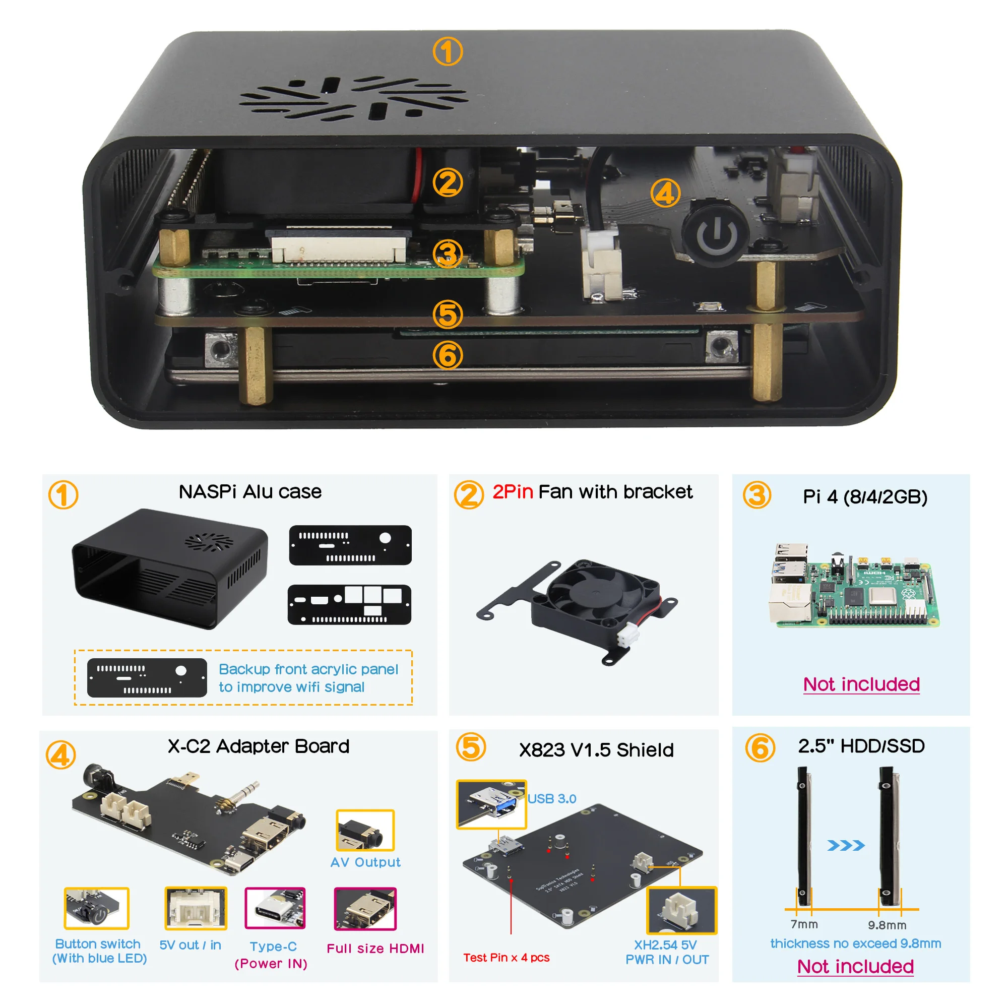 Raspberry Pi 4 Modell B NASPi Lite 2,5 zoll SATA HDD/SSD Schild & Metall Fall mit Lüfter