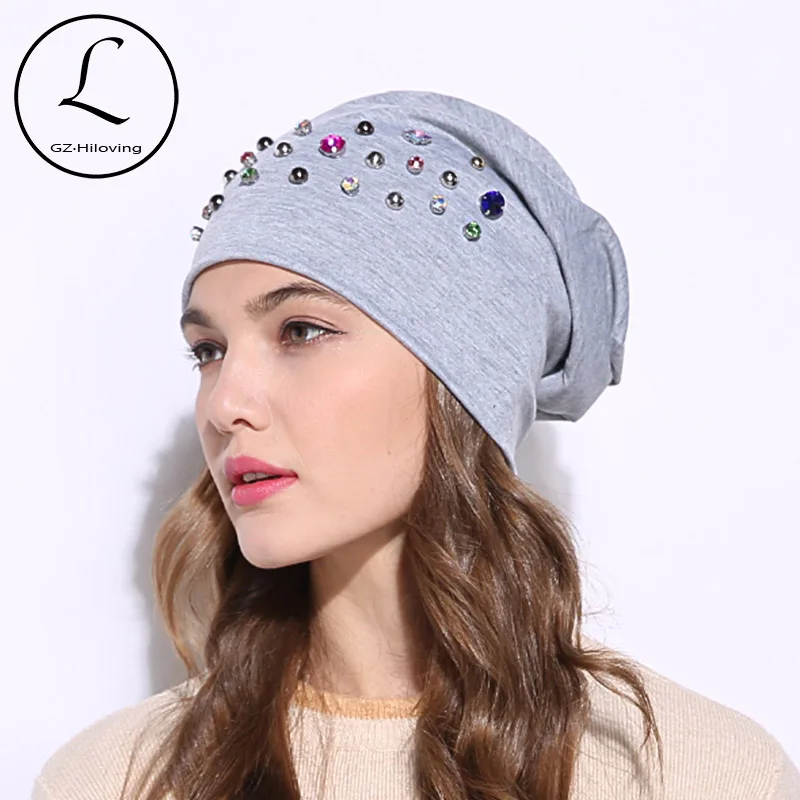 

New Brand Spring Women hat Soft Rhinestones Slouchy Skullies Beanies hats And Caps Autumn Black Ladies Girls Baggy Bonnet Gorros