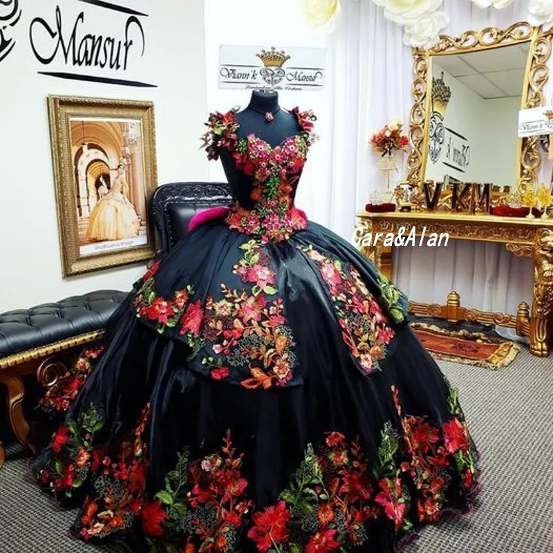 Vestido De baile De quinceañera, apliques florales, hombros descubiertos, corsé indefinido, dulce vestido 16, 15 Años