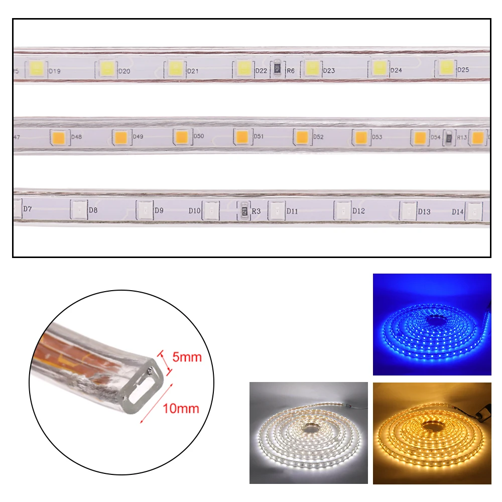 Dimmable LED Strip Light AC 220V 110V Flexible Outdoor Waterproof Lamp Strip 5050 60leds/m White Green Yellow Red Blue LED Tape