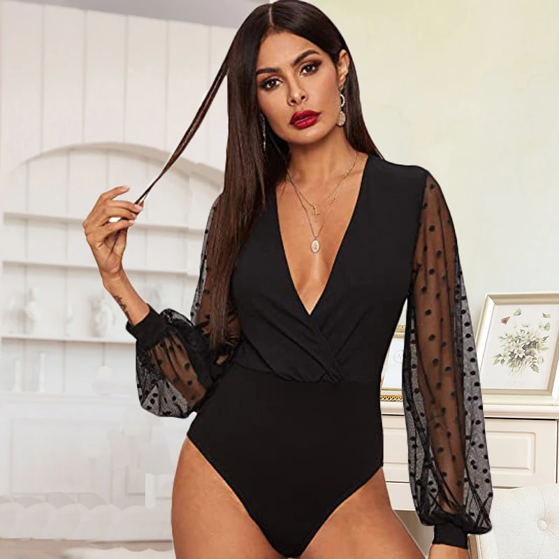 Ohyeahlady Teddy Dots Sheer Leotard Mesh Long Sleeve Skinny Bodysuits Dropshipping V-neck Wrap Bodycon Overalls Top Jumpsuits