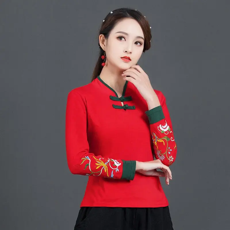 Cheongsam Women's Short Tops 2024 Winter Cotton Blend Embroidery Stand Collar Thickening Chinese Style Qipao Skinny Shirts Woman