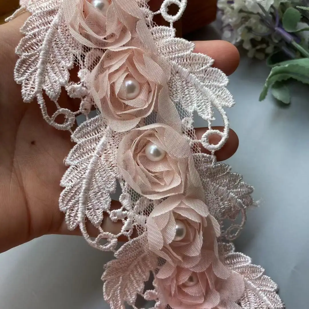 

2 Yard Pink Pearl Soluble Flower Embroidered Lace Trim Ribbon Floral Applique Fabric Handmade Wedding Dress Sewing Craft New