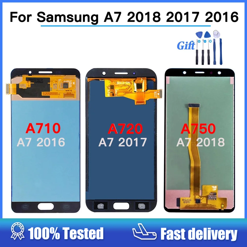 Can adjust brightness LCD For Samsung Galaxy A7 2018 2017 2016 A750 A720 A710 LCD Display Touch Screen Digitizer Assembly +Tools