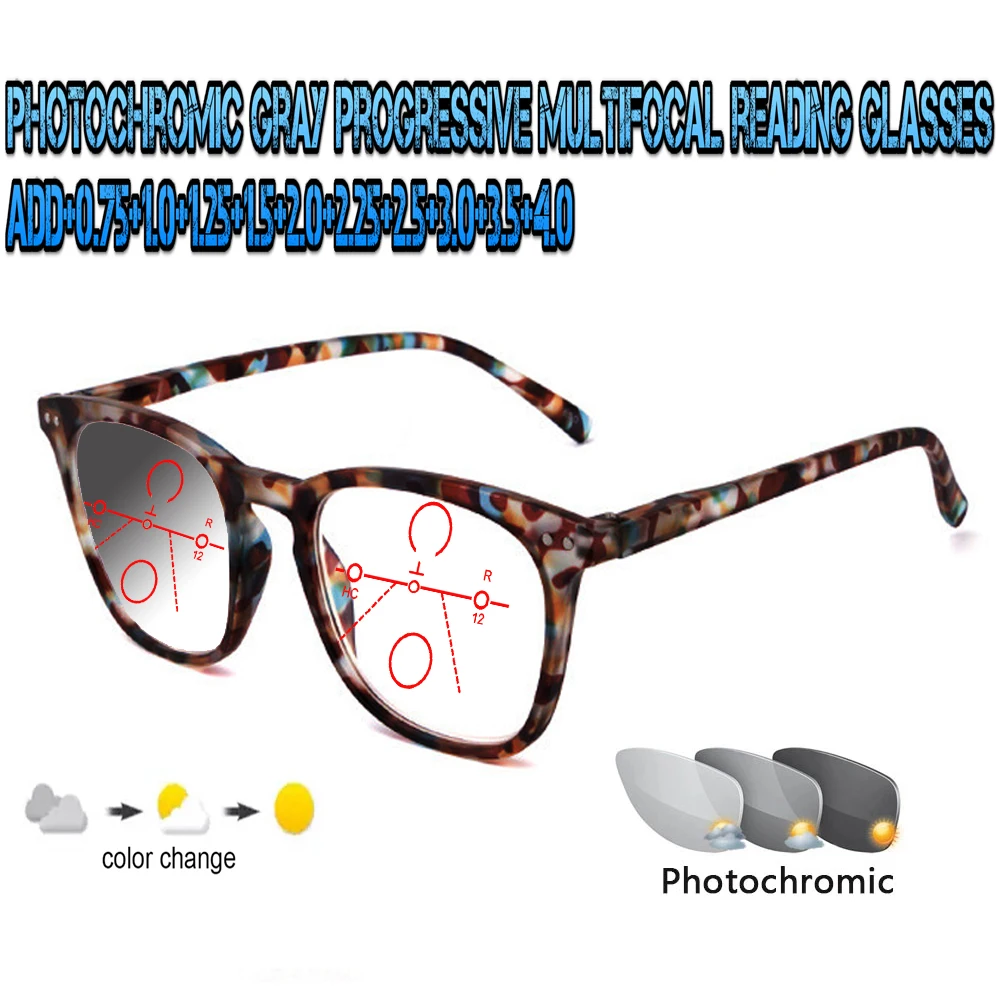 Photochromic Gray Progressive Multifocal Reading Glasses Men Women Ultralight Black Metal Frame Large Size +0.75 To+4.0