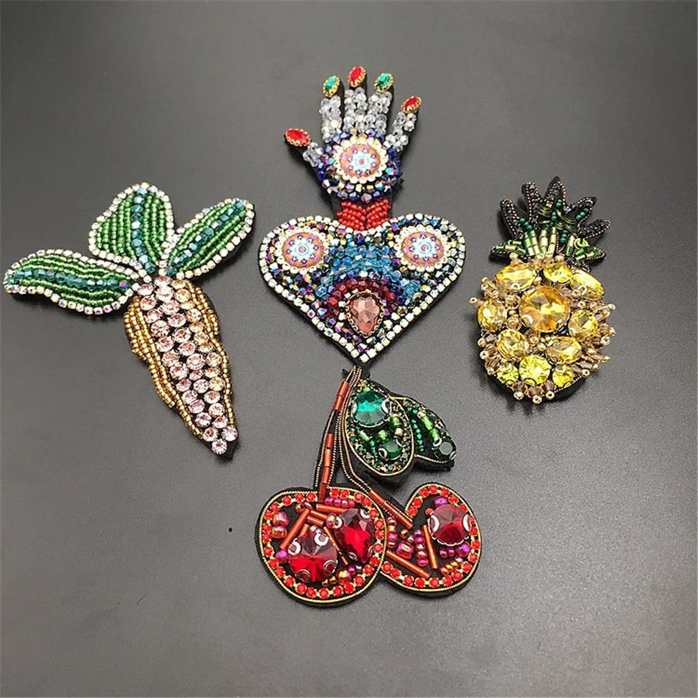 1 Piece Beads Pineapple Patches Sew On Applique Red Cherry Carrot Cloth Stickers Patches for Clothing Beads Parch