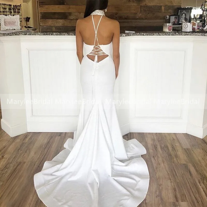 Sparkly Halter Neck Wedding Dresses Mermaid/Trumpet Style Simple White Beach Bridal Gowns Crisscross Back Country robe de mariée image 6
