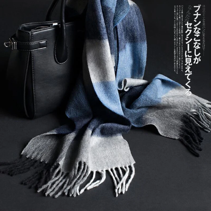 New Winter Blue Plaid Wool Scarf Men Soft Warm Fashion Natural Fabric High Quality Free Shipping