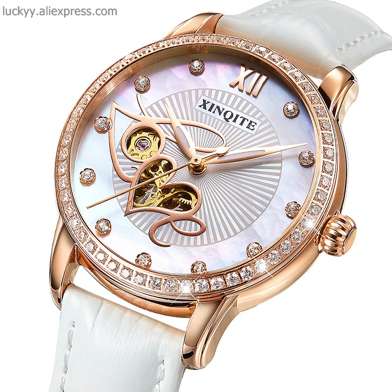 Mechanical watch for woman sapphire crystal love pearl dial with diamond case automatic lady watch colorful leather strap A218