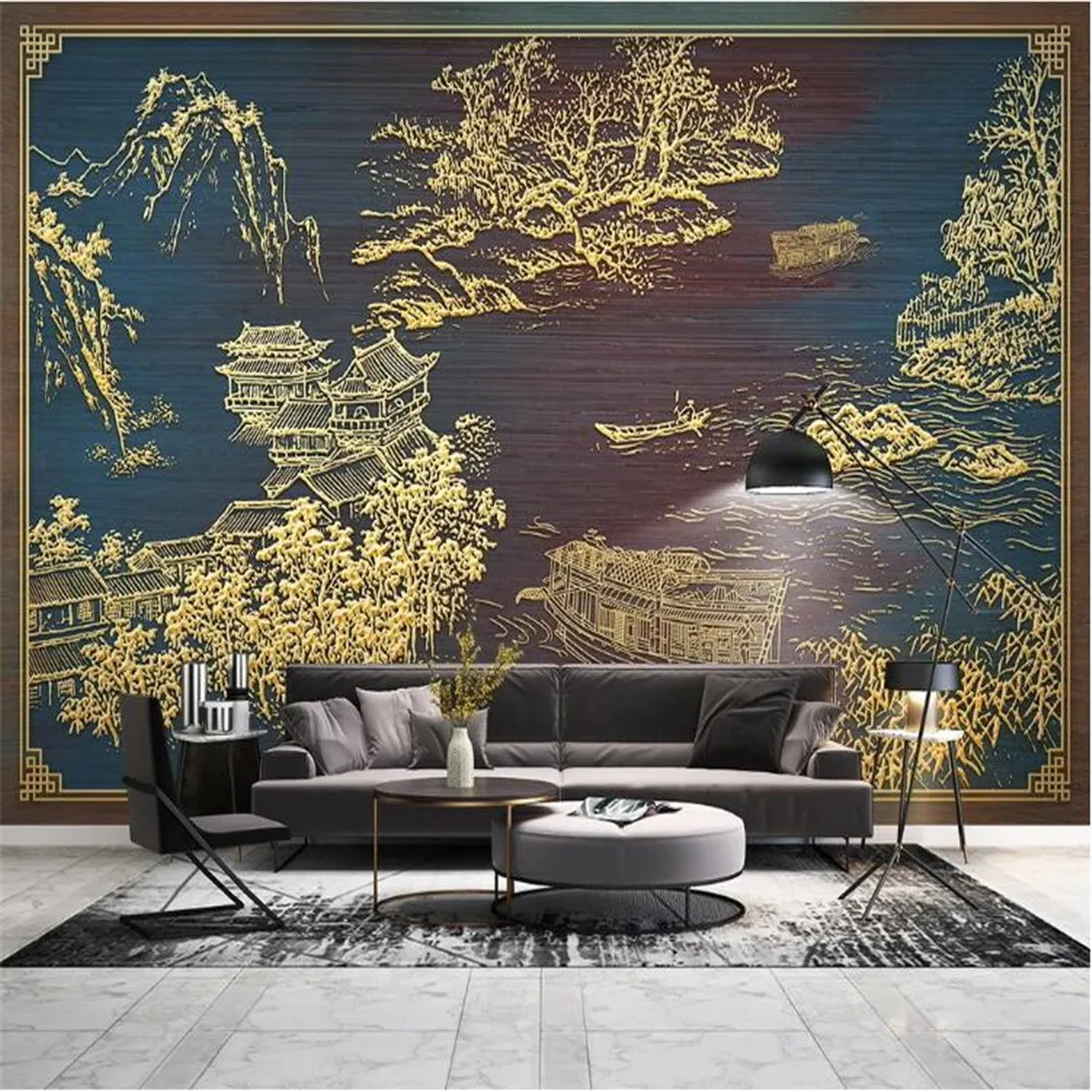 milofi new chinese style golden embossed line carving ancient building background wall paper mural