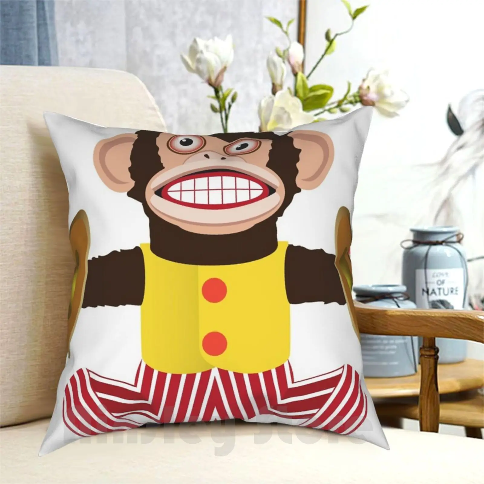 Mono con platillos. Funda de almohada impresa para el hogar, funda de almohada suave DIY, mono con mono, música malvada, mono con platillos de juguete