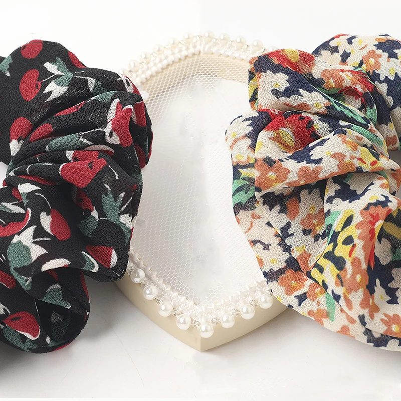 Vrouwen Bloemen Chiffon Scrunchies Cherry Haar Banden Voor Meisjes Leuke Zoete Elastische Haarbanden Paardenstaart Haar Accessoires Hoofddeksels