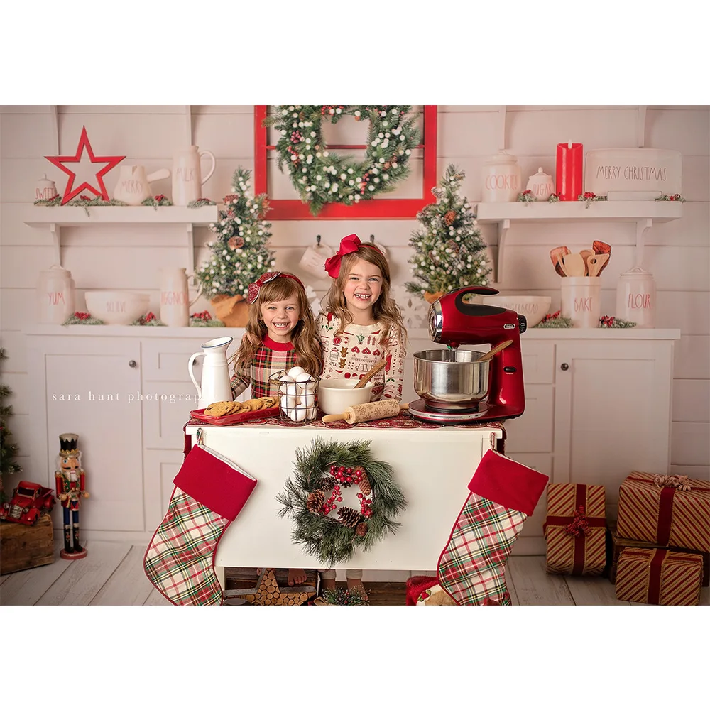 Photography Christmas Kitchen Backdrop Bustic Wood Cupboard Adult Children Winter Portrait Backgrounds Photo Studio Xmas Tree