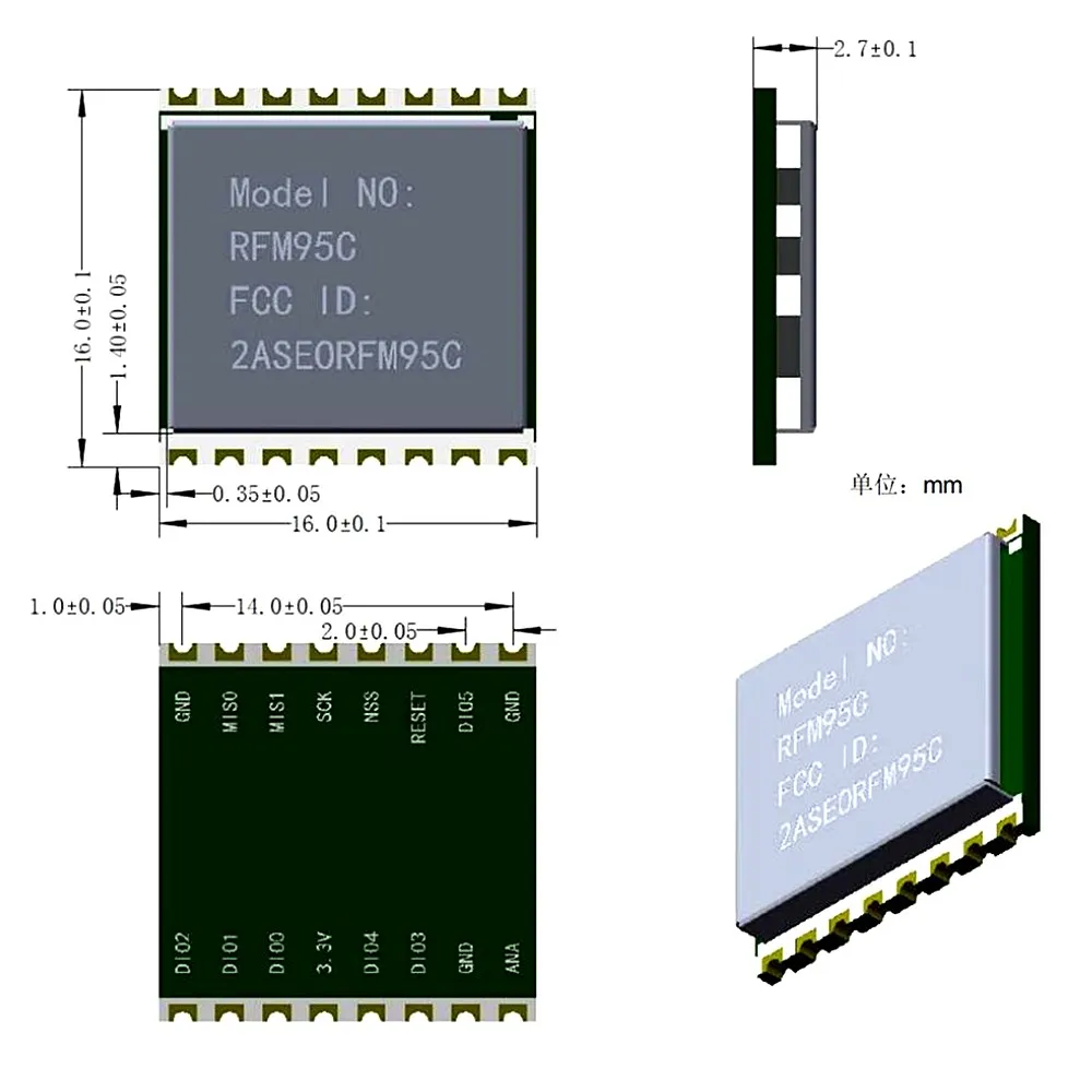 RFM95C RFM95 RF 수신 모듈 LoRa / FSK 초저전력 소비 868MHZ / 915MHZ 통과 FCC 인증, 1 개입