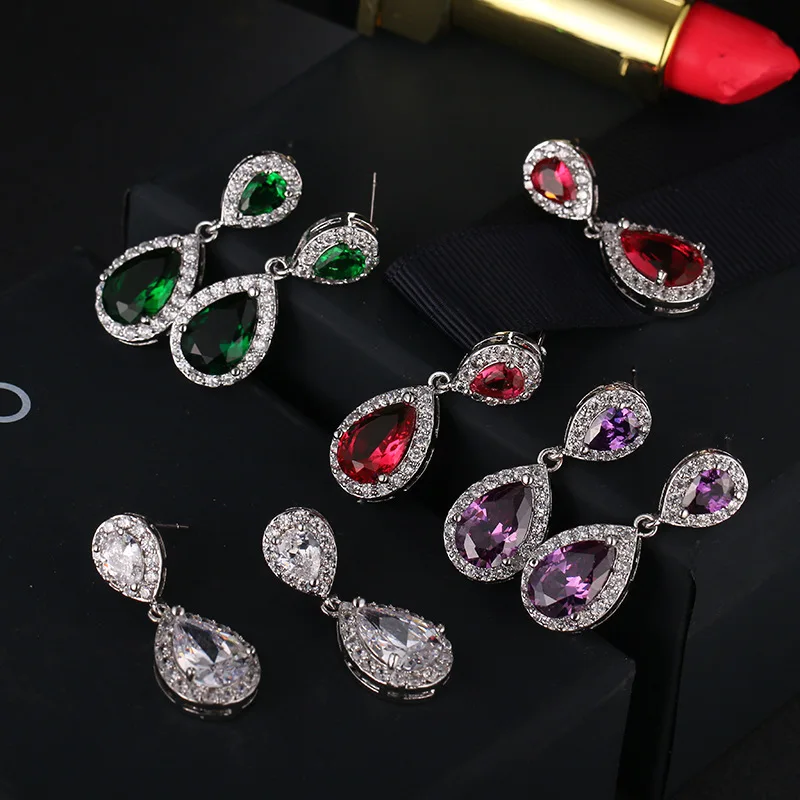 Buyee 925 Sterling Silver Female Big Earring Purple Red & White Crystal Earring for Women Luxury Wedding Fine Jewelry Earring