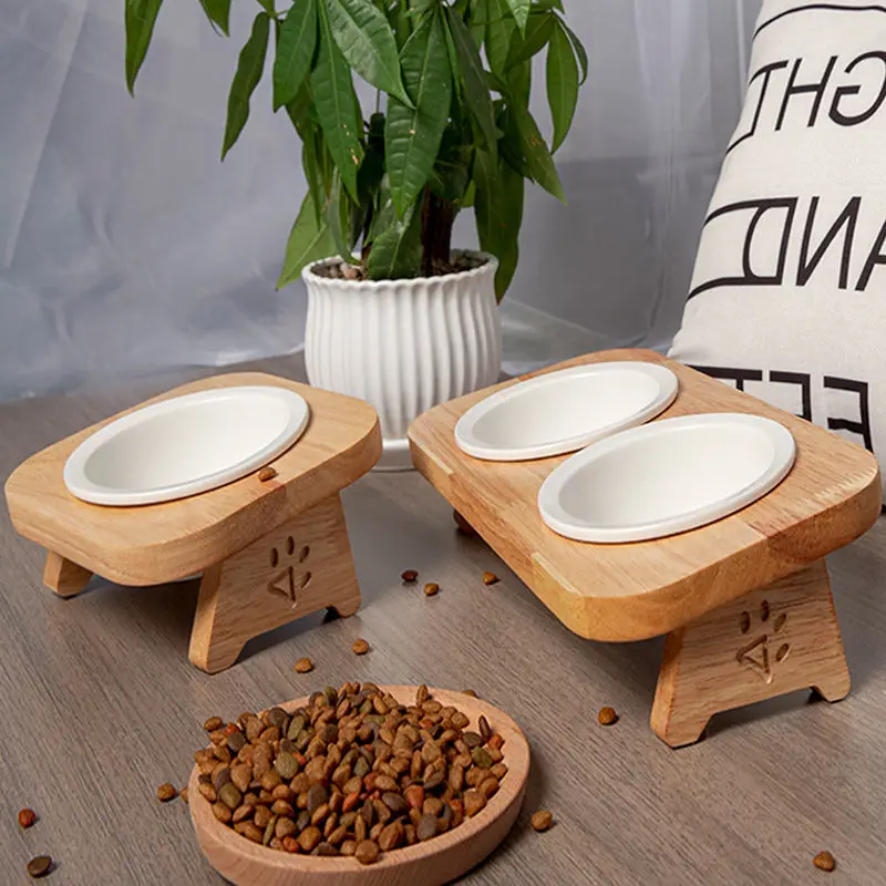 Cat Bowl Ceramic Solid Wood Bowl Rack Cat Food Bowl Cat Rice Bowl Cat Bowl Feeding Tableware Cat Food Basin Pet Supplies