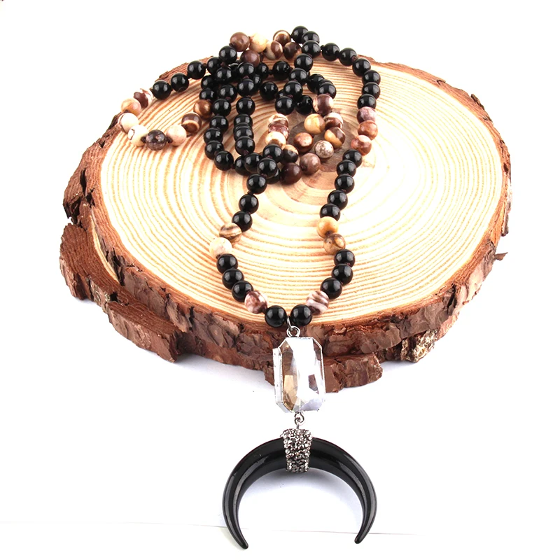 Fashion 108 Beads Mala Black Stone Knotted Crystal Link Black Crescent Moon Charm Pendant Necklace Women Beaded Yoga Necklace
