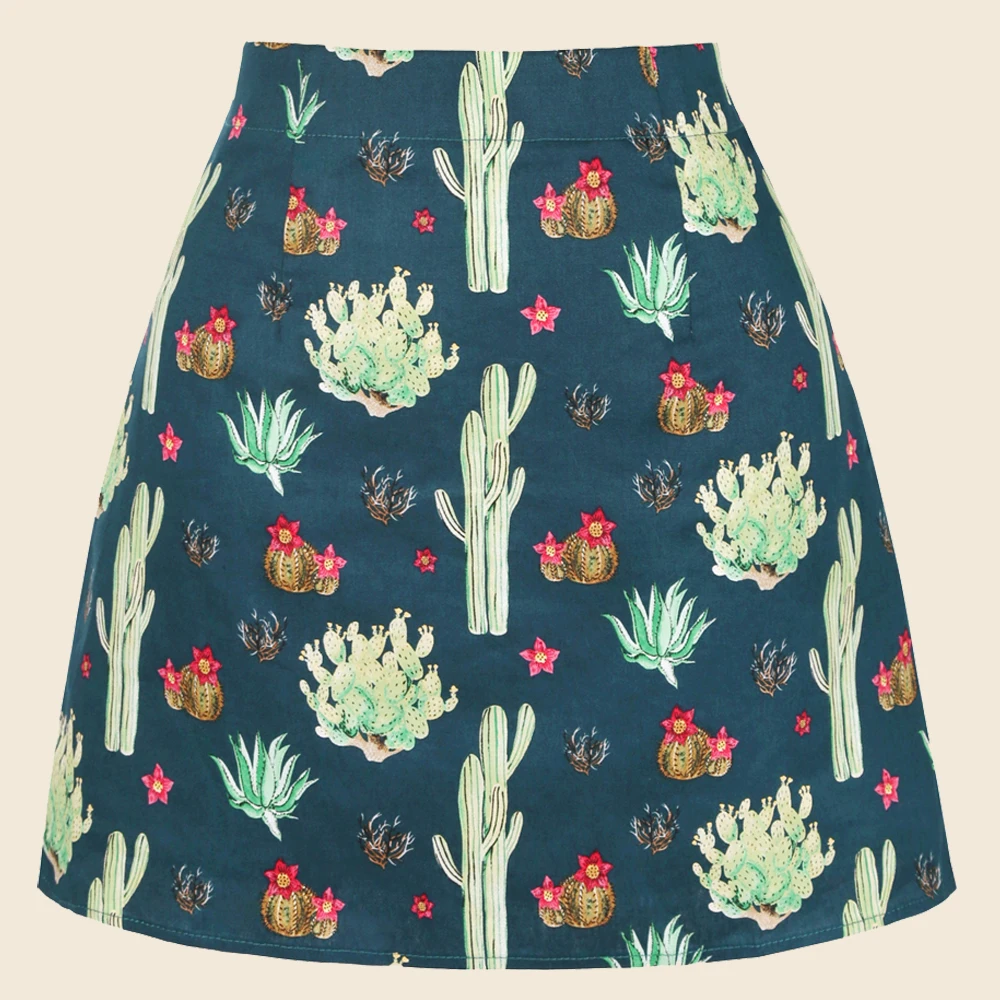 

SISHION Cotton Cactus Flower Floral Printed Summer Skirt SS0008 Faldas Mujer Vintage Women Green Skirts