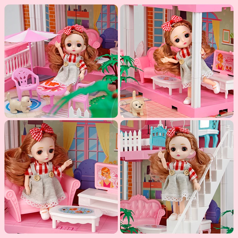 Princess Big Villa DIY Simulation Assembled Dollhouse Pink Castle Pretend Play Doll Game Educational Toy For Girl Birthday Gift