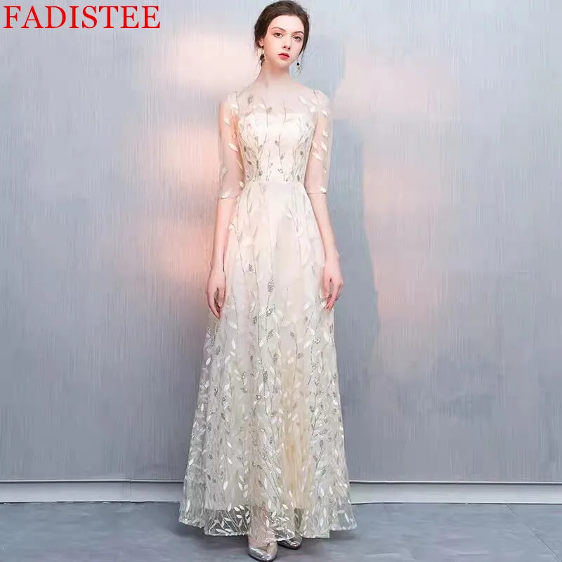 เซ็กซี่ O-Neck ครึ่งแขนชุดราตรี Vestidos De Festa Simple 2021 Robe De Soiree ลูกไม้ Appliques