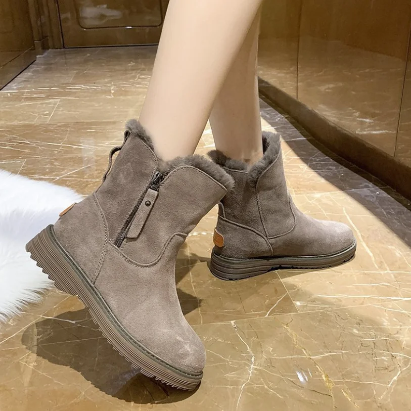 

Cotton Shoes Winter Plus Velvet Warm Fashion Round Toe Side Zipper Mid-tube Boots 2021 New Female Casual Flat Snow Boots