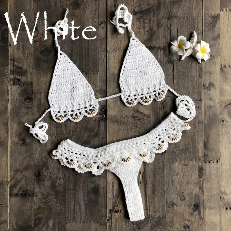 CROCHET BIKINI Summer New Women Flower Hollow out Sexy MIMI Bikini Set Beach Split Swimsuit Crochet Backless Bras Thong Bottoms