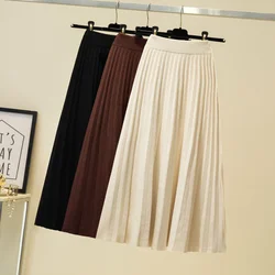 gkfnmt Elegant Midi Pleated Knitted Skirt Women 2020 Autumn Winter Korean Knee Length a line High Waist Skirt Female Ladies