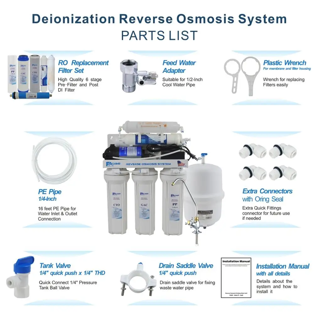 Filtro de água ro di, sistema de filtragem de água por osmose reversa, deionização doméstica, 6 estágios, 50gpd, destilado puro