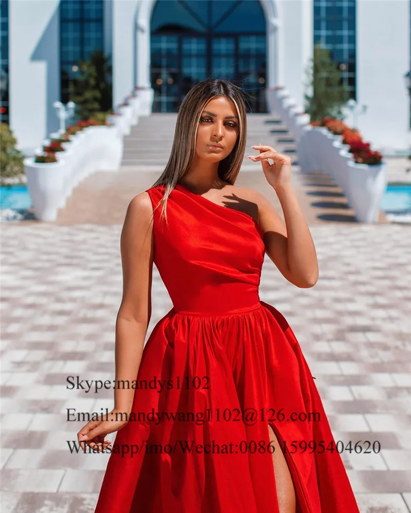 Vestido de noite feminino de cetim com bolso, um ombro, vestido de baile vermelho, divisão alta, longo, luxo, elegante, noite de festa, mulher, 2020